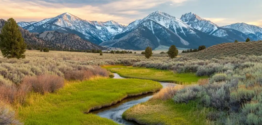 A view of the Sierra Nevada mountains with a creek running through a valley